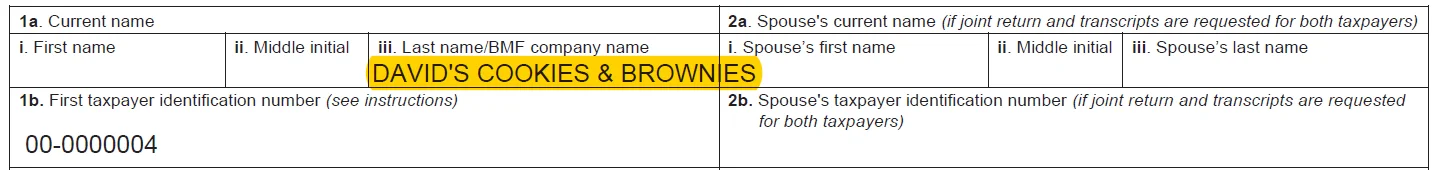 IRS Form 4506-C example showing a business name exceeding the character limit