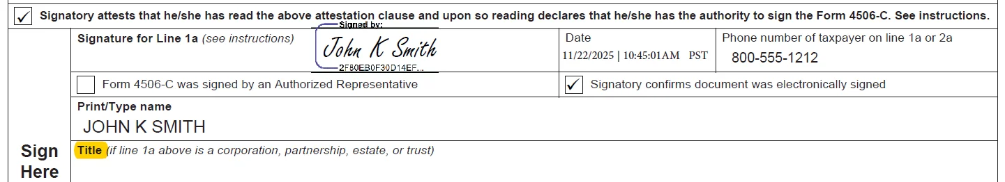IRS Form 4506-C example showing a missing business signer title in the authorization section