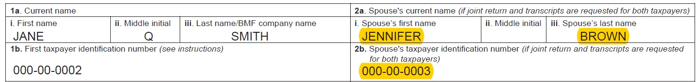 IRS Form 4506-C example showing multiple borrowers listed who are not spouses