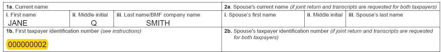 IRS Form 4506-C example showing an incorrectly formatted Social Security number