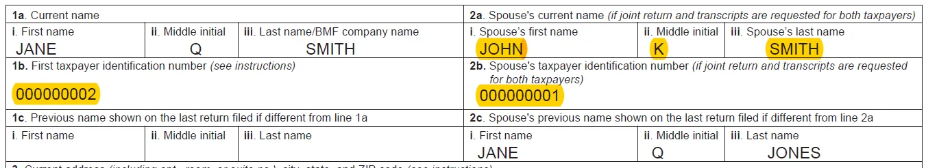 IRS Form 4506-C example showing borrower name and SSN entered in the same field