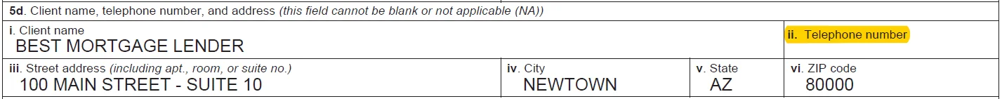 IRS Form 4506-C example showing a missing client telephone number in Line 5