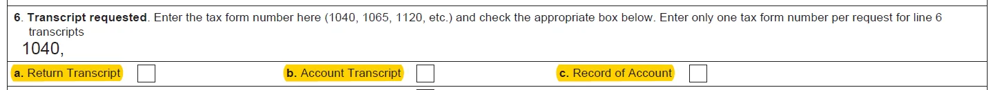 IRS Form 4506-C example showing missing or incorrect checkbox selection in Line 6