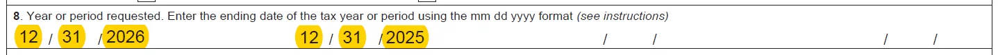 IRS Form 4506-C example showing a tax return not yet filed or processed for the requested year in Line 8