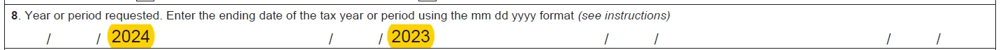 IRS Form 4506-C example showing a date not entered in MM/DD/YYYY format in Line 8