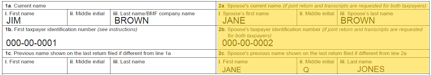 IRS Form 4506-C example showing Married Filing Separately requiring a separate form for each spouse